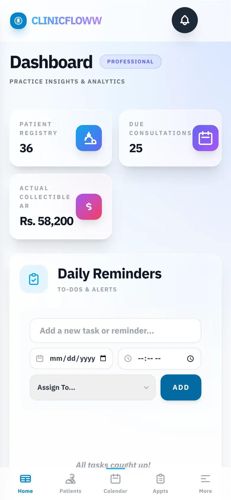 ClinicFloww dashboard on a phone