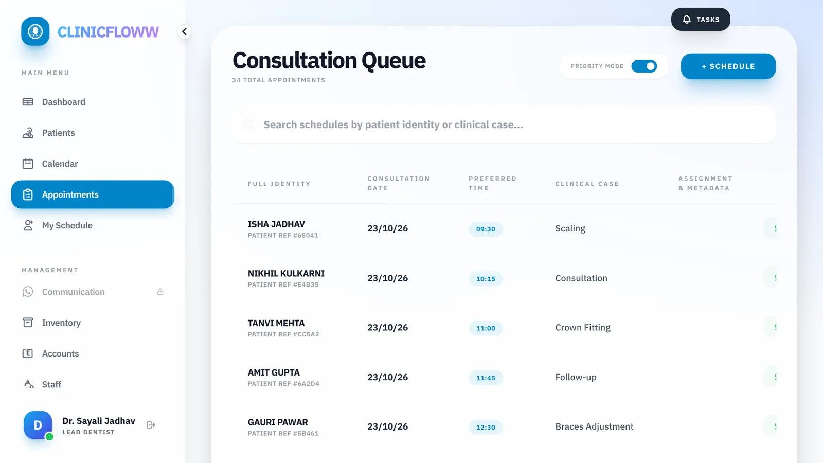 ClinicFloww appointment queue on a smart TV